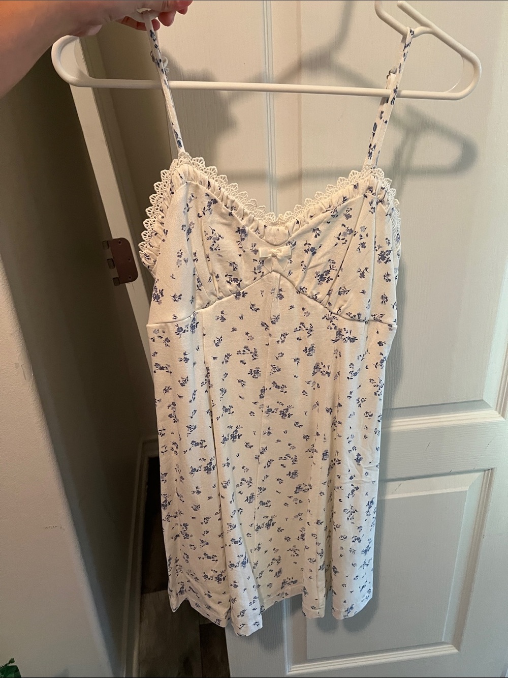 Women’s Floral Lace-Trim Slip Dress - White with Blue Print